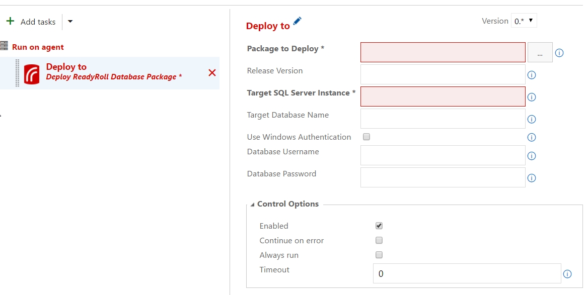 In the left  pane, in red text, Run on agent displays. Under this, in red text, Deploy to is selected. In the right, Deploy to pane, fields are empty.